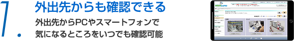 外出先からも確認できる 外出先からPCやスマートフォンで 気になるところをいつでも確認可能