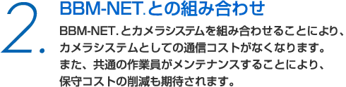 BBM-NET.との組み合わせ BBM-NET.とカメラシステムを組み合わせることにより、カメラシステムとしての通信コストがなくなります。また、共通の作業員がメンテナンスすることにより、保守コストの削減も期待されます。