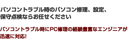 パソコントラブル時のパソコン修理、設定、 保守点検ならお任せください パソコントラブル時にPC修理の経験豊富なエンジニアが 迅速に対応!